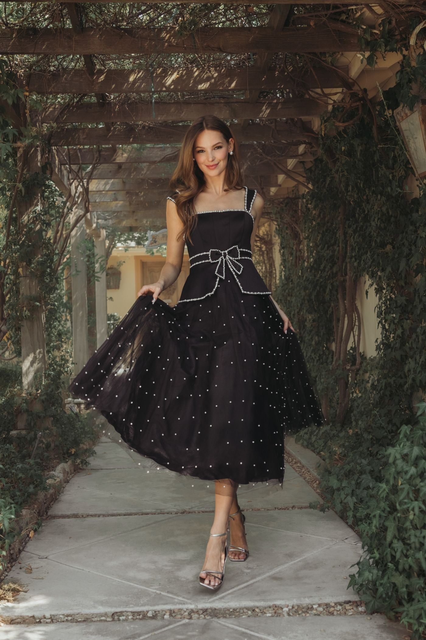 Black Sleeveless Embellished Crepe And Tulle Midi Dress