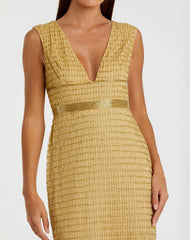 Gold Beaded Cap Sleeve V Neck Column Gown