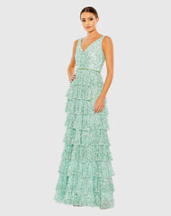 Green Ruffle Tiered Sleeveless Sequin Gown