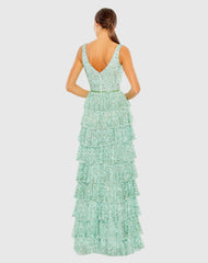 Green Ruffle Tiered Sleeveless Sequin Gown