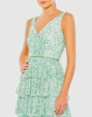 Green Ruffle Tiered Sleeveless Sequin Gown