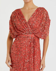 Red Draped Sleeve V Neck Gown