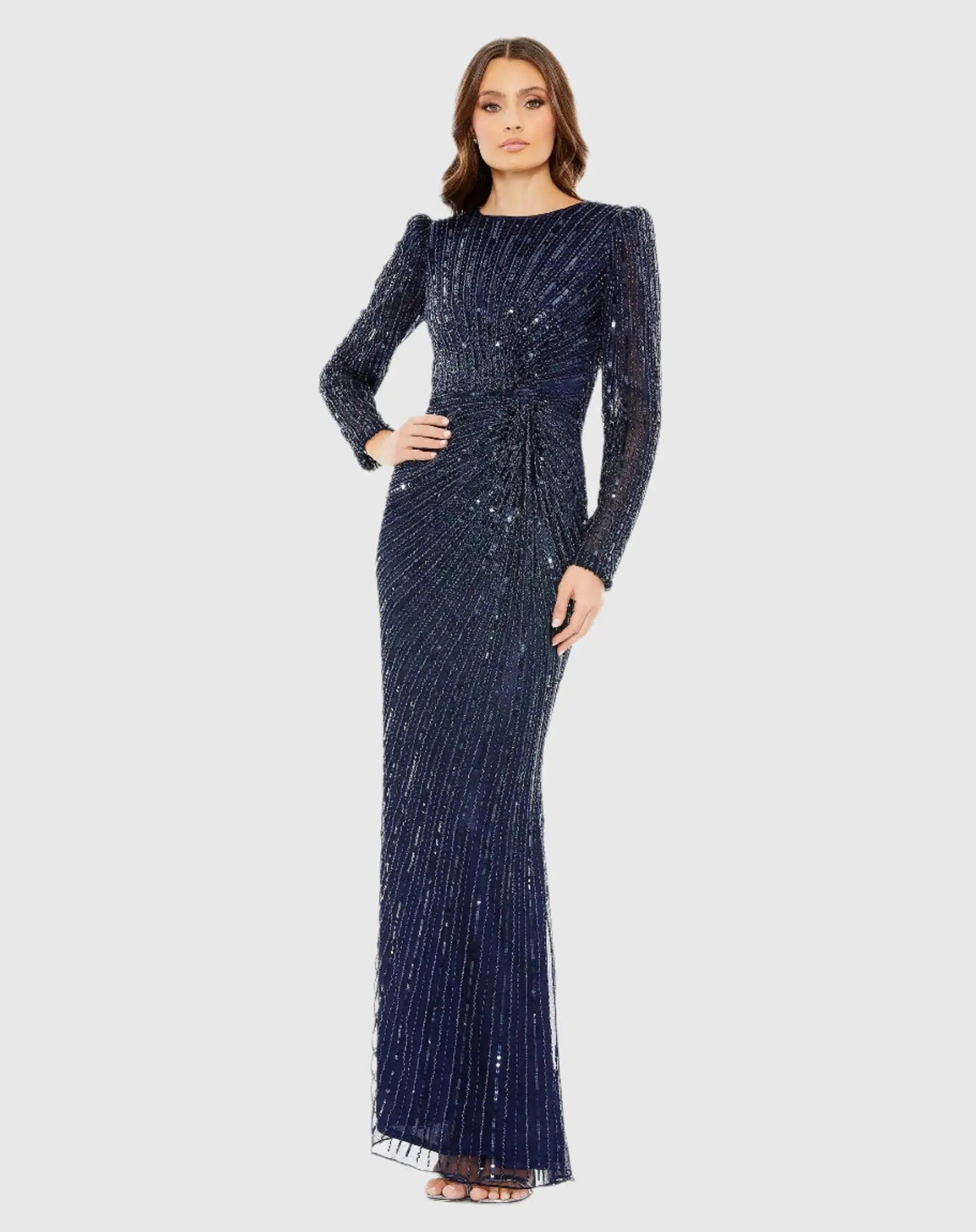 Navy Embellished Puff Sleeve Side Knot Gown