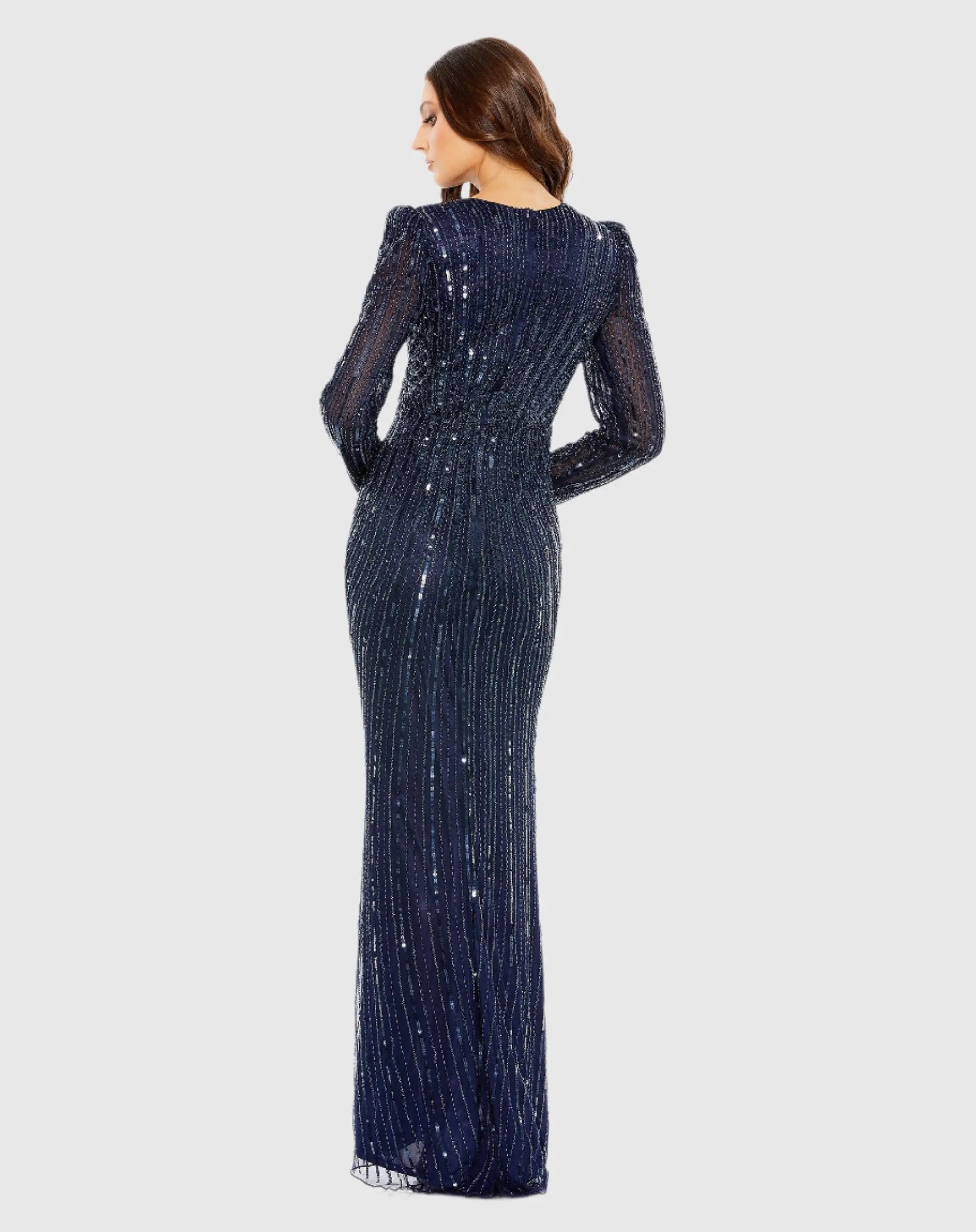 Navy Embellished Puff Sleeve Side Knot Gown