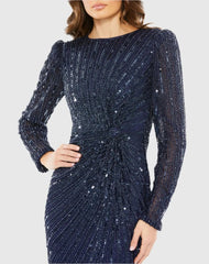 Navy Embellished Puff Sleeve Side Knot Gown