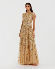 Sequined High Neck Cap Sleeve A Line Gown