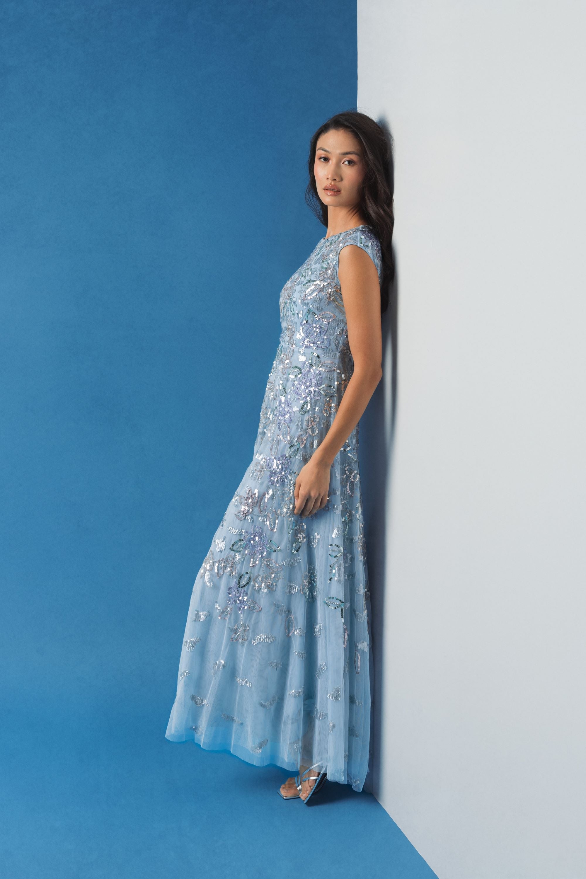 Blue Sequined High Neck Cap Sleeve A Line Gown