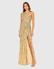 Gold Embellished One Sleeve Faux Wrap Gown
