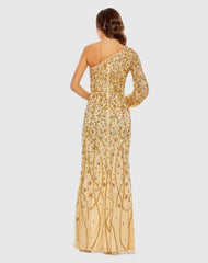 Gold Embellished One Sleeve Faux Wrap Gown