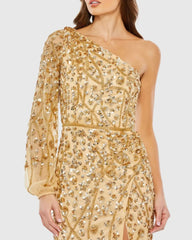 Gold Embellished One Sleeve Faux Wrap Gown
