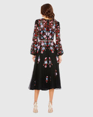 Black Sequined Floral High Neck Puff Sleeve Cocktail Dress