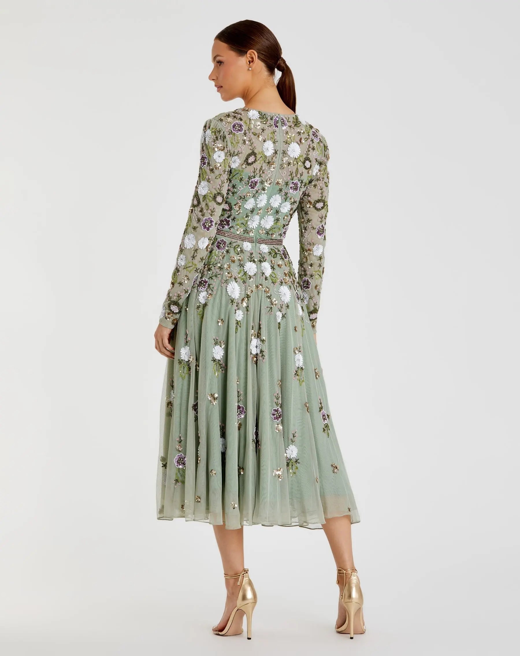 Green Sequined Floral Long Sleeve High Neck Midi Dress