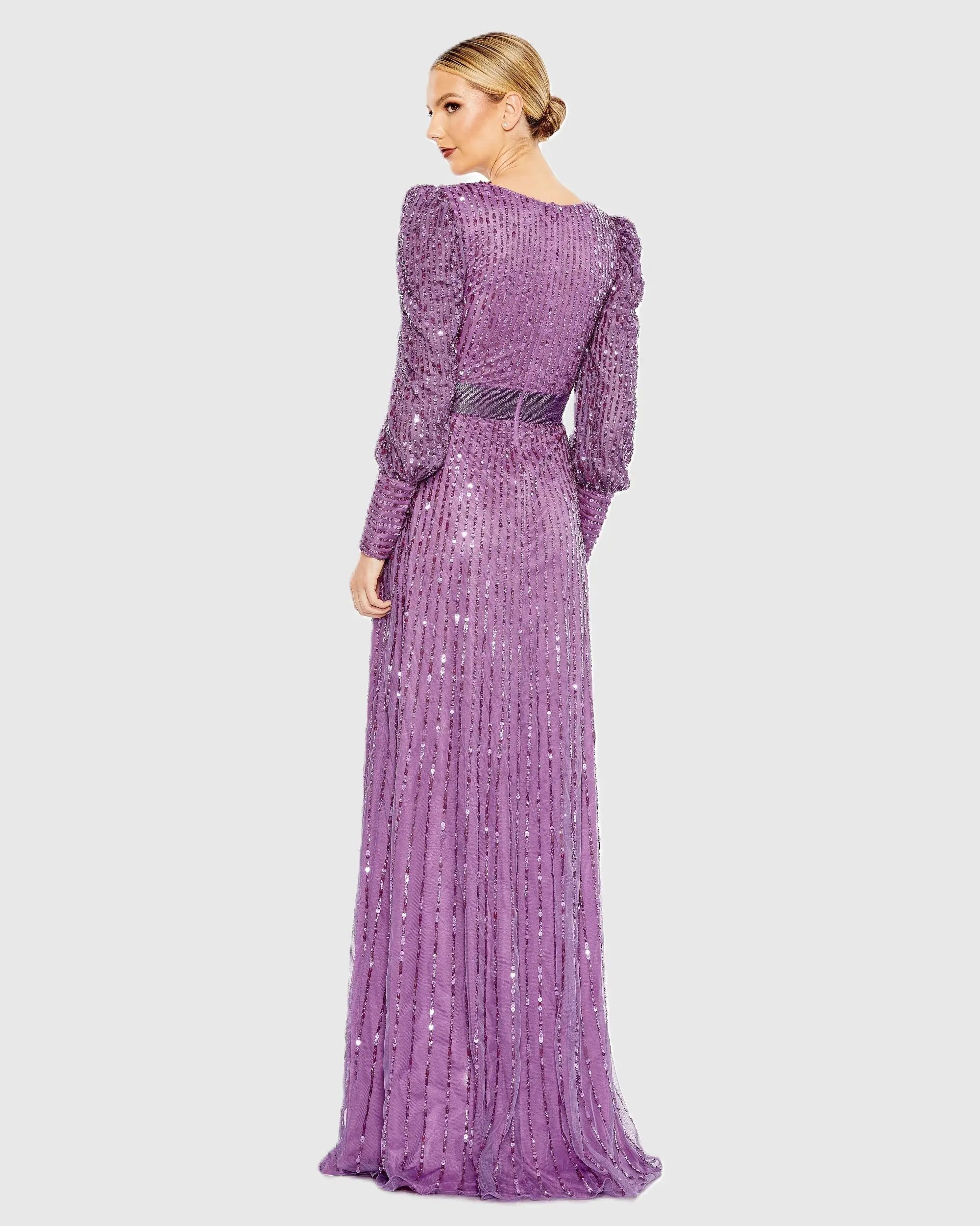 Purple Sequined Wrap Over Bishop Sleeve Gown