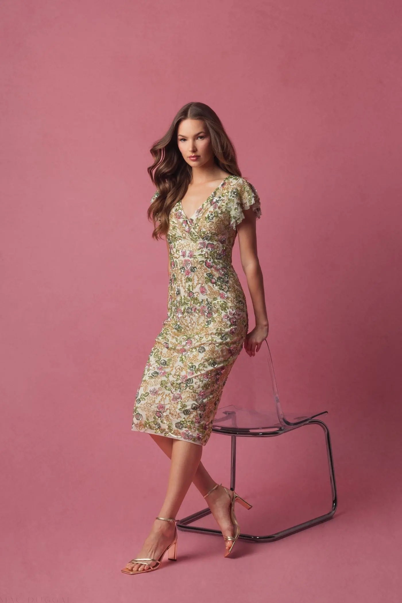 Beige Floral Embellished Flutter Cap Sleeve Dress