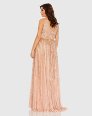 Pink Sequined Striped Sleeveless V Neck A Line Gown (Plus)