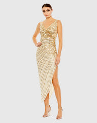 Gold Sequined Faux Wrap Sleeveless Midi Dress
