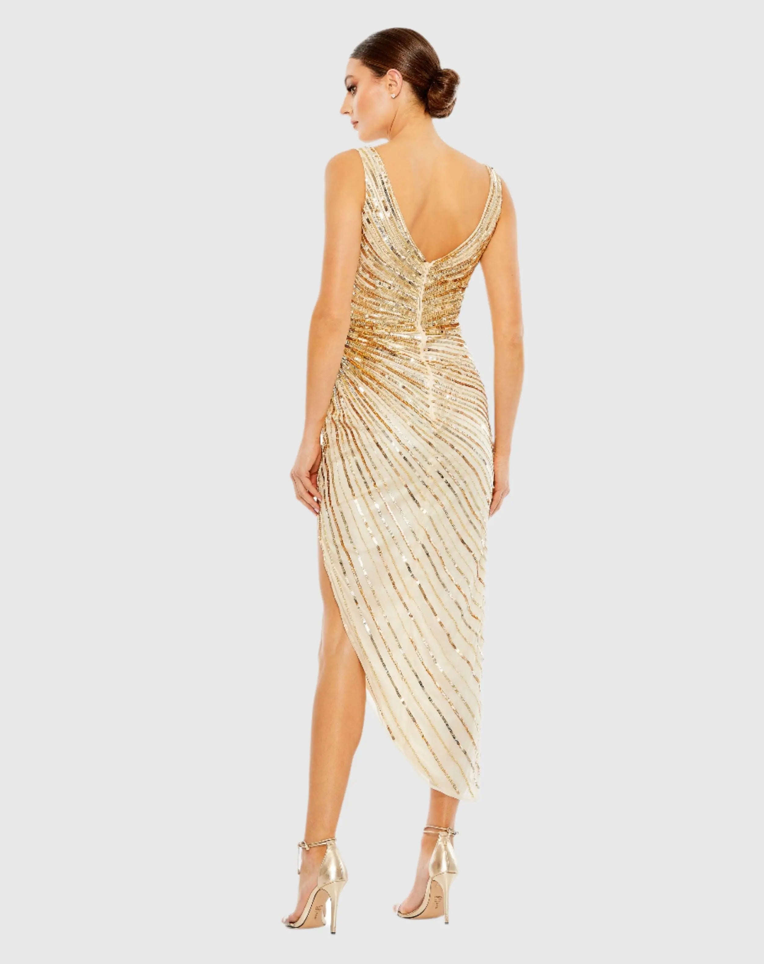 Gold Sequined Faux Wrap Sleeveless Midi Dress