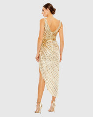 Gold Sequined Faux Wrap Sleeveless Midi Dress