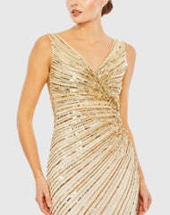 Gold Sequined Faux Wrap Sleeveless Midi Dress