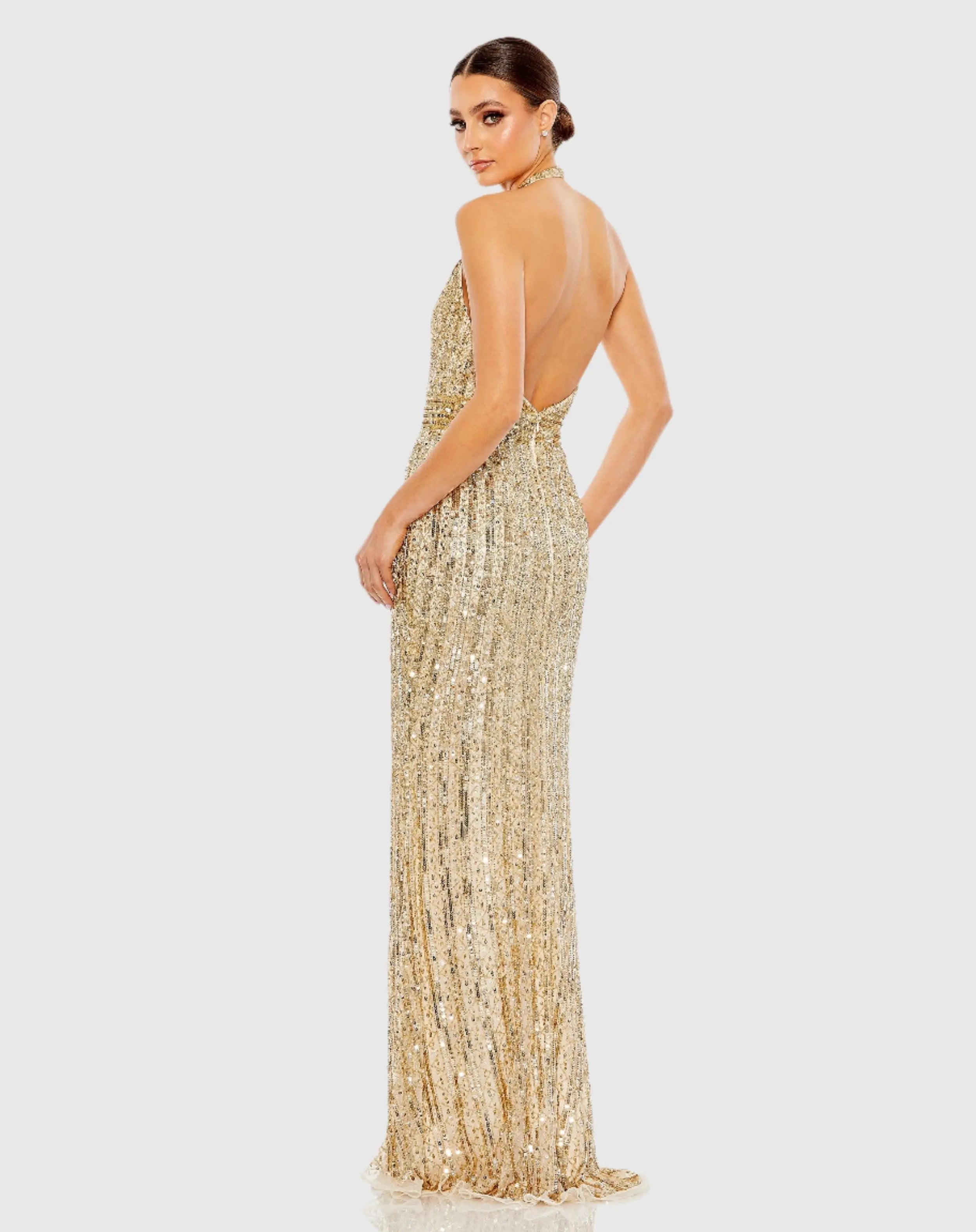 Gold Sequined Halter Strap Trumpet Gown
