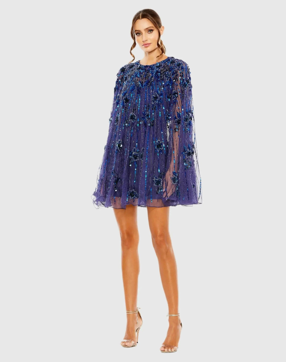 Blue High Neck Embellished Trapeze Dress