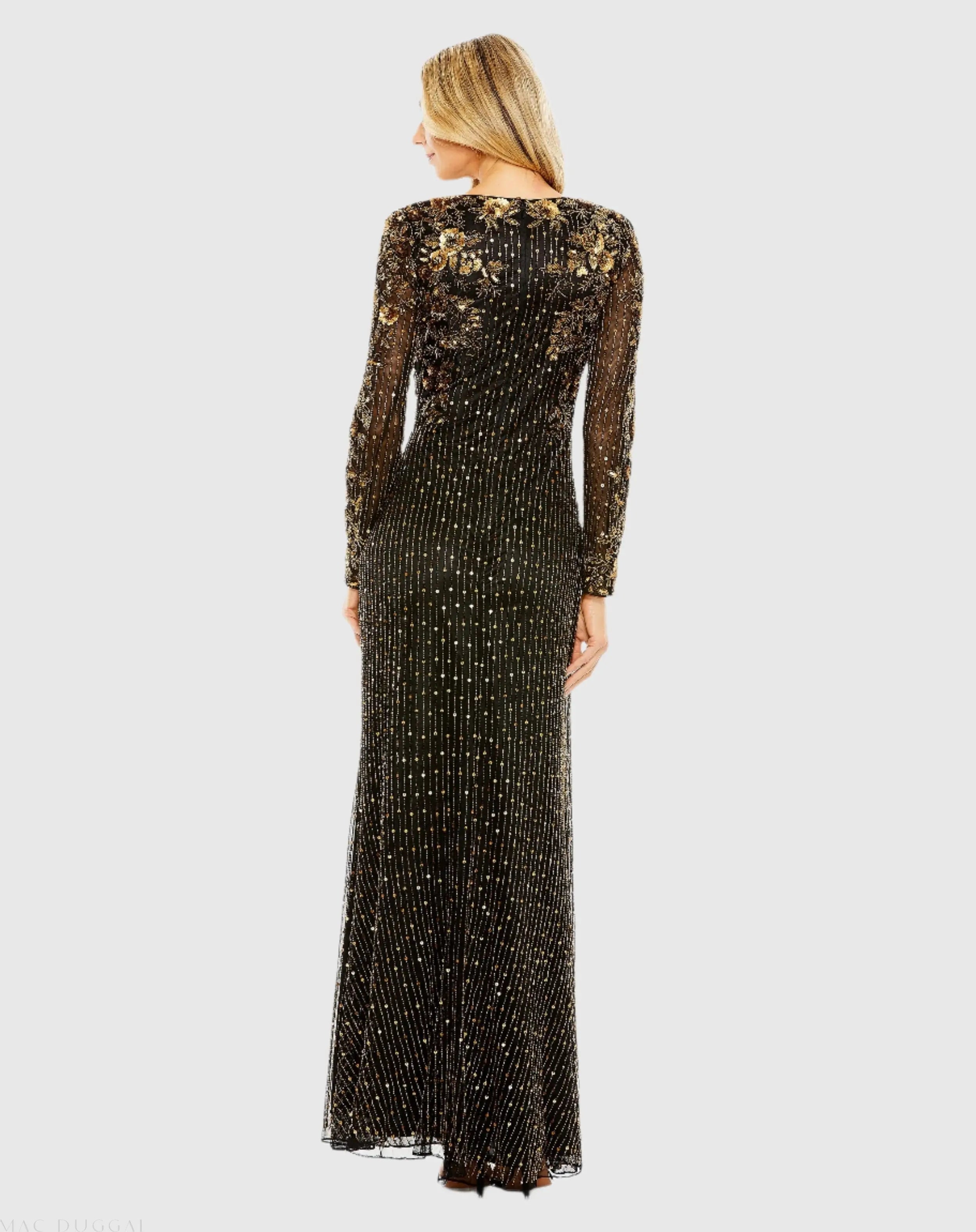 Black High Neck Long Sleeve Embellished Gown
