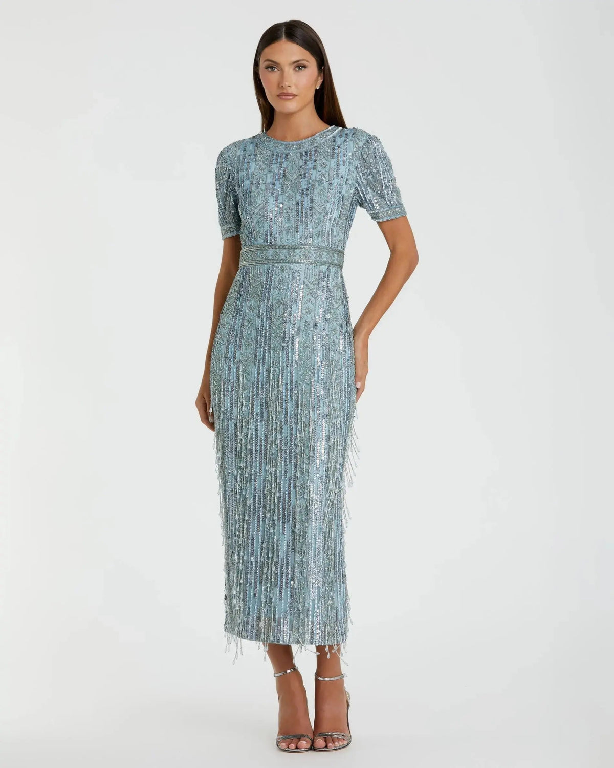 Blue High Neck Short Sleeve Crystal Fringe Sheath Dress
