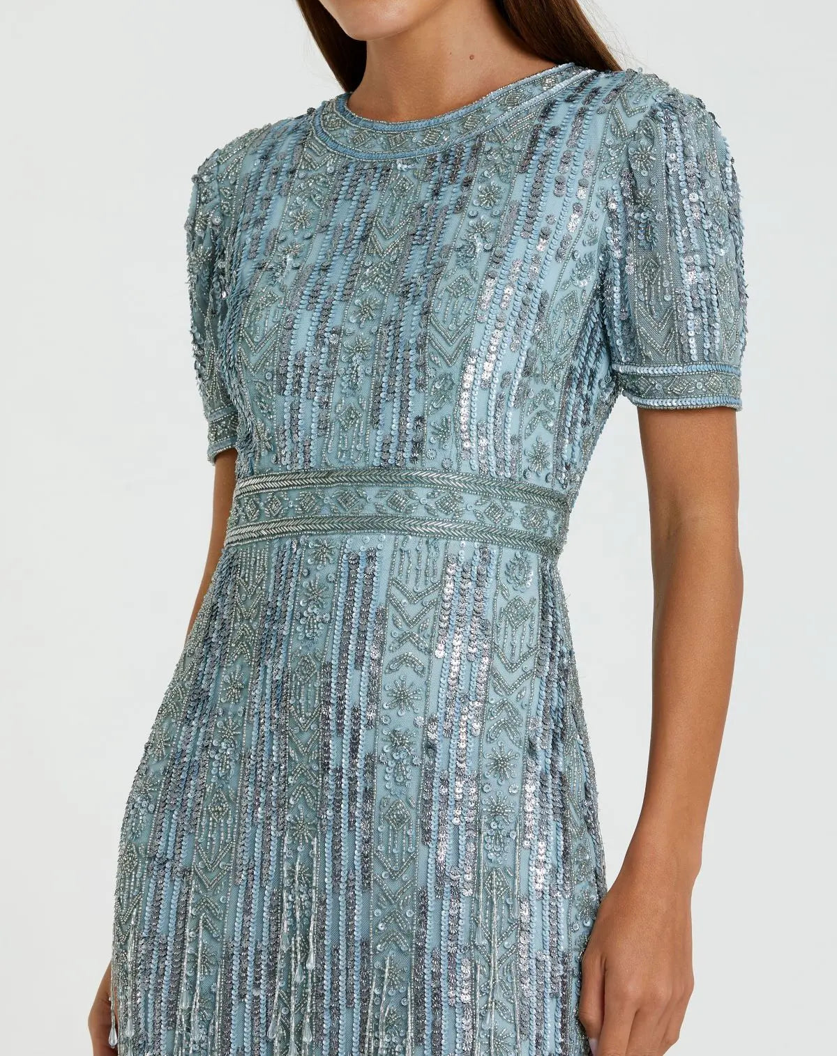 Blue High Neck Short Sleeve Crystal Fringe Sheath Dress