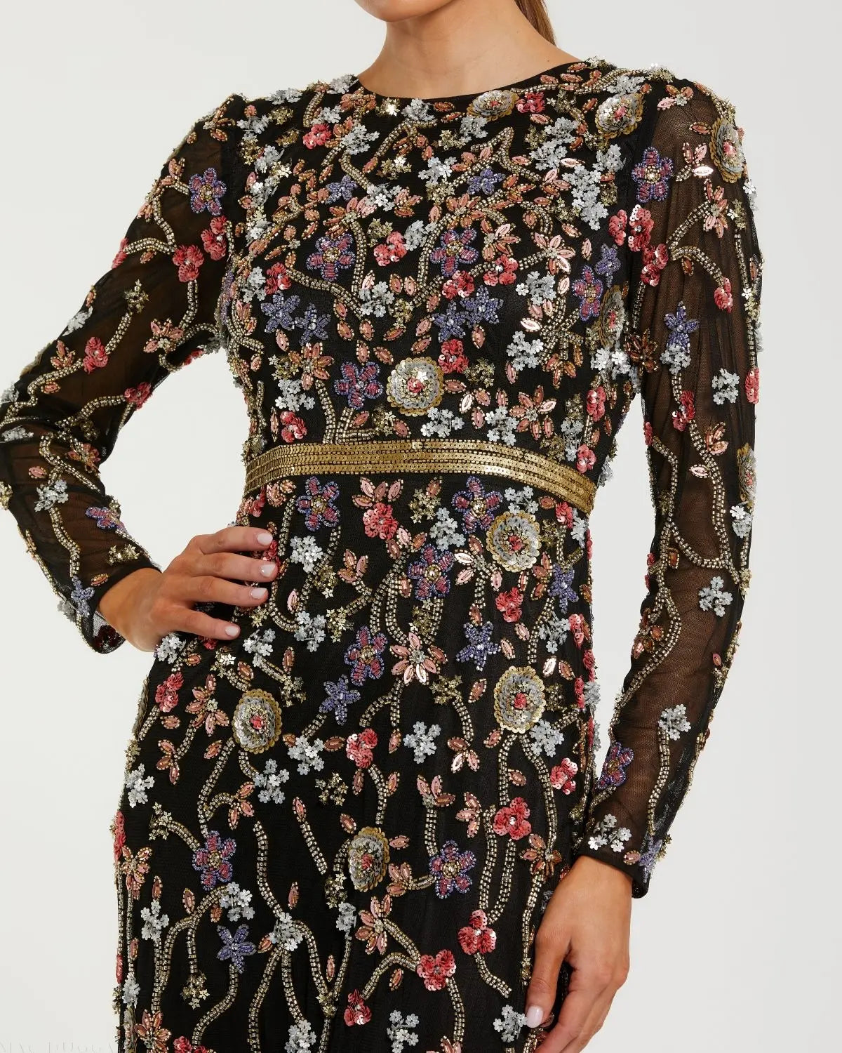 Black Embellished Mesh Long Sleeve Gown