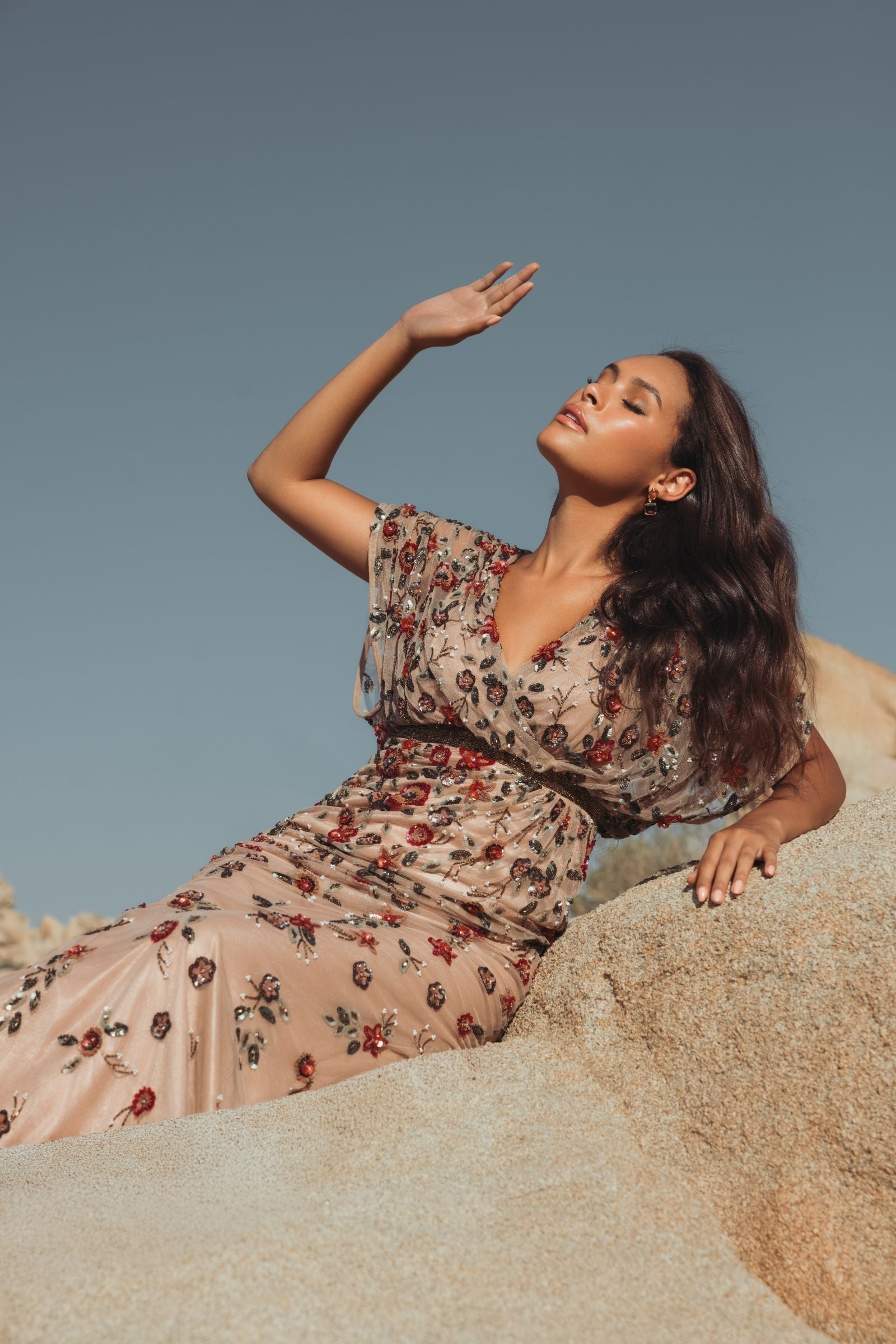 Beige Floral Embellished Short Sleeve Blouson Gown