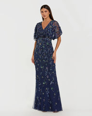 Navy Floral Embellished Short Sleeve Blouson Gown