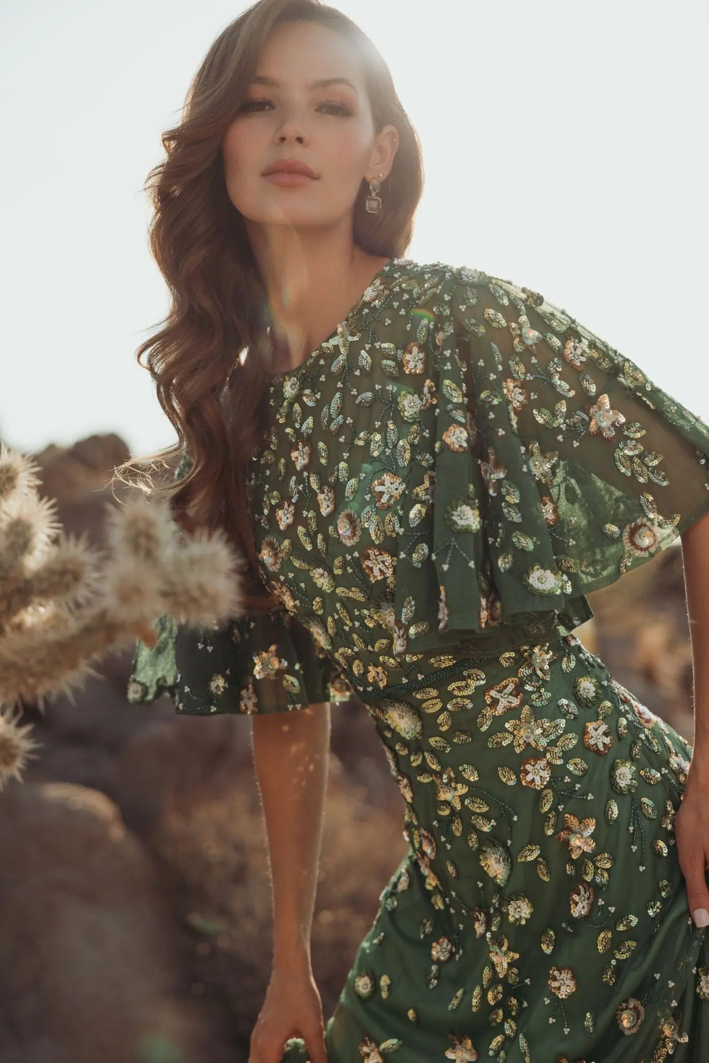 Green Floral Embellished Flutter Sleeve Midi Dress