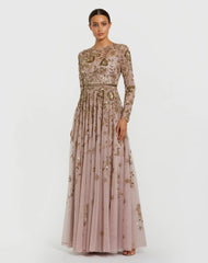 Long Sleeve Hand Embellished Floral A-line Gown