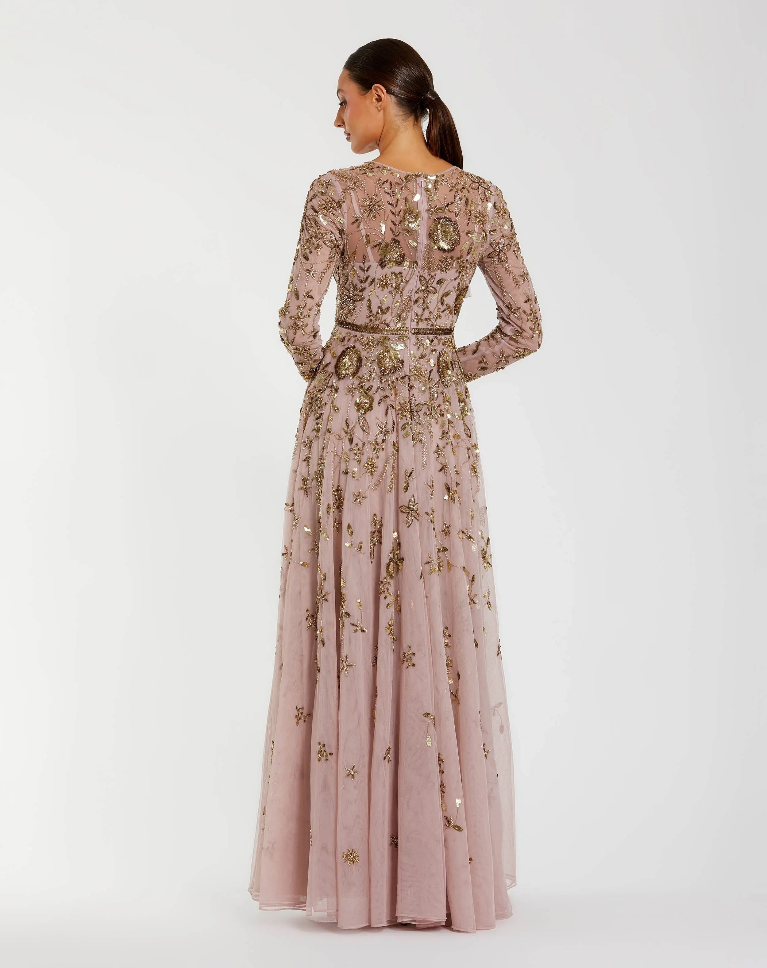 Light Pink Long Sleeve Hand Embellished Floral A-line Gown