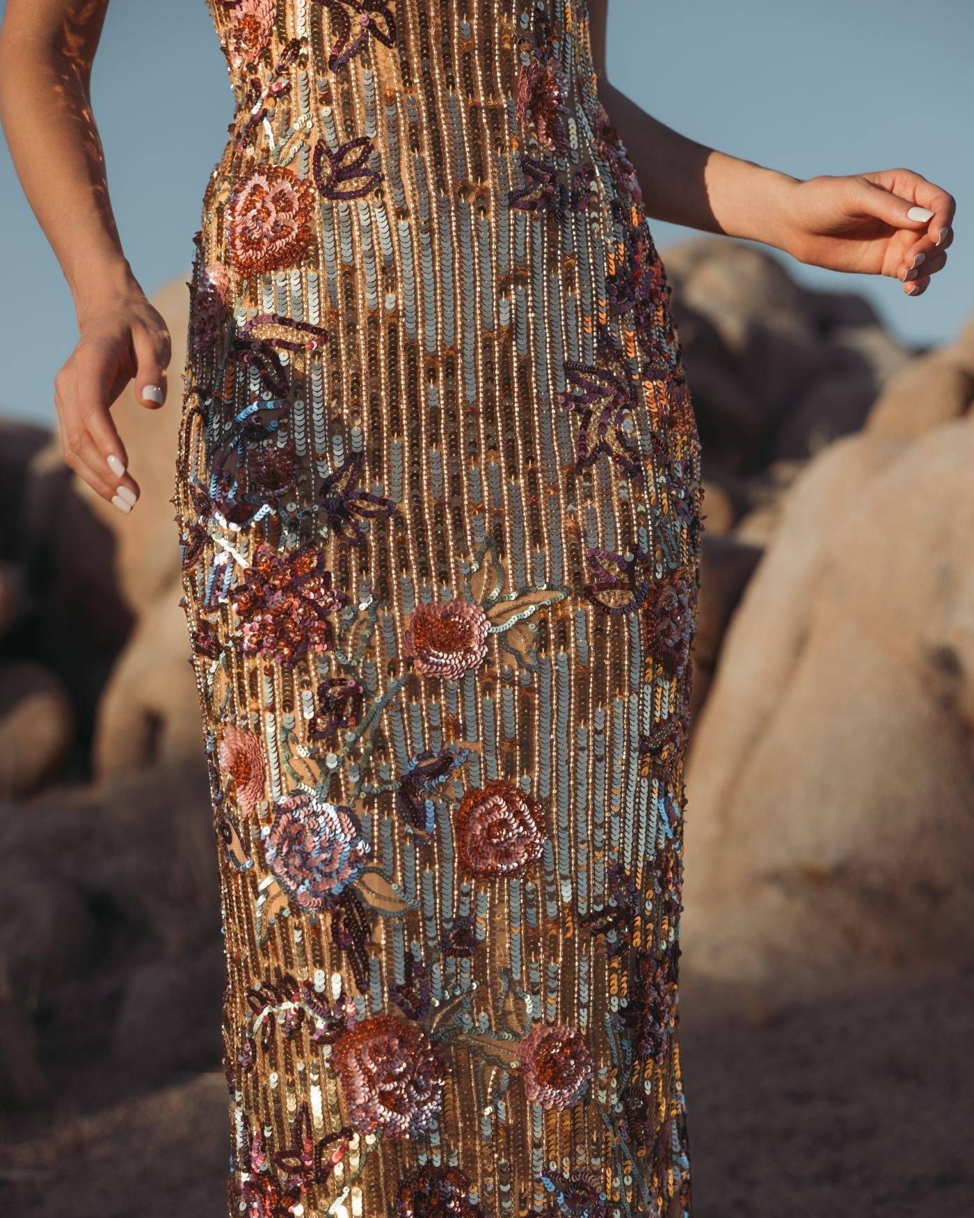 Gold Floral Embellished Strapless Column Dress