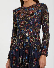 Navy Beaded Long Sleeve High Neck A-Line Gown