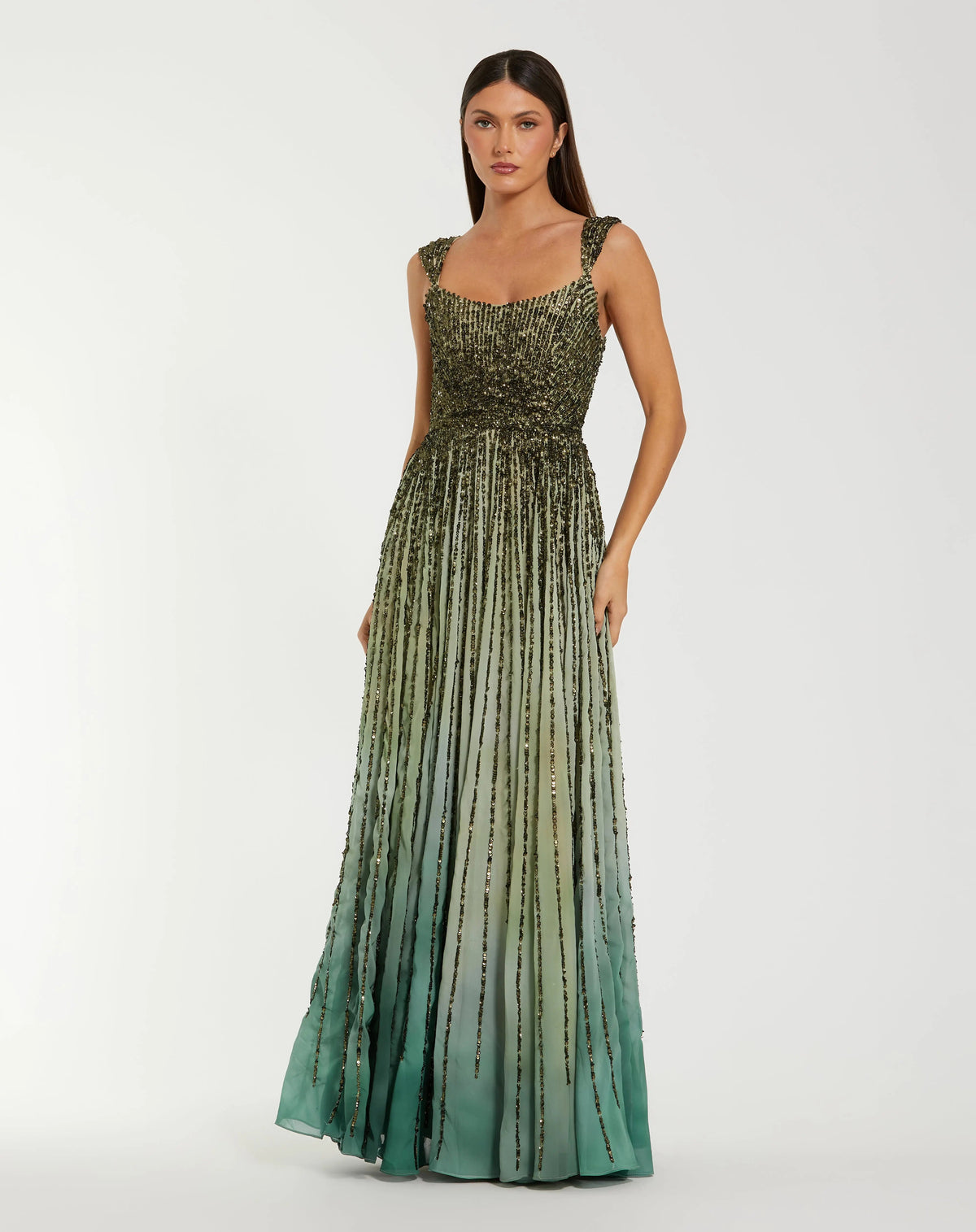 Green Sleeveless Sequin A Line Ombre Gown