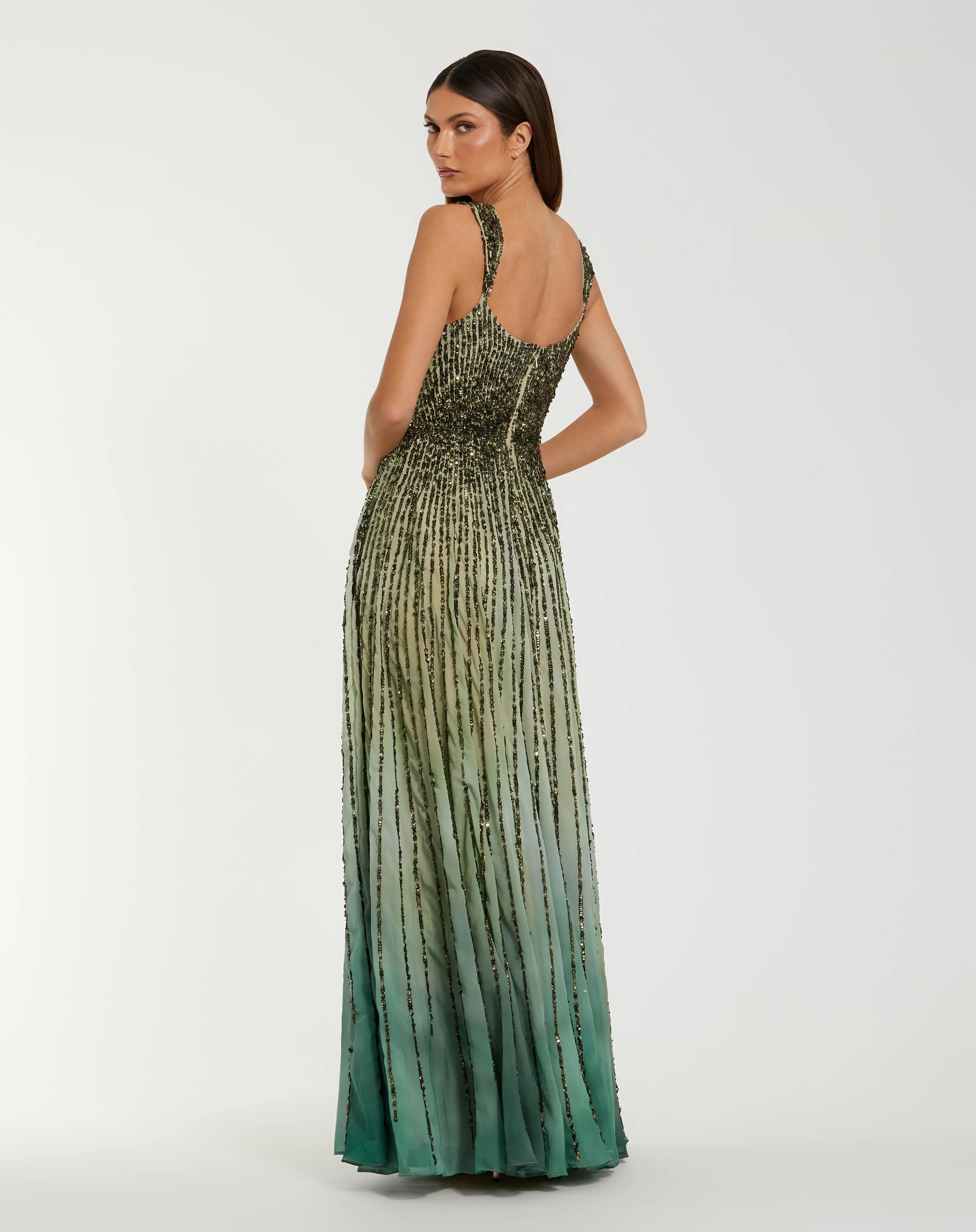 Green Sleeveless Sequin A Line Ombre Gown