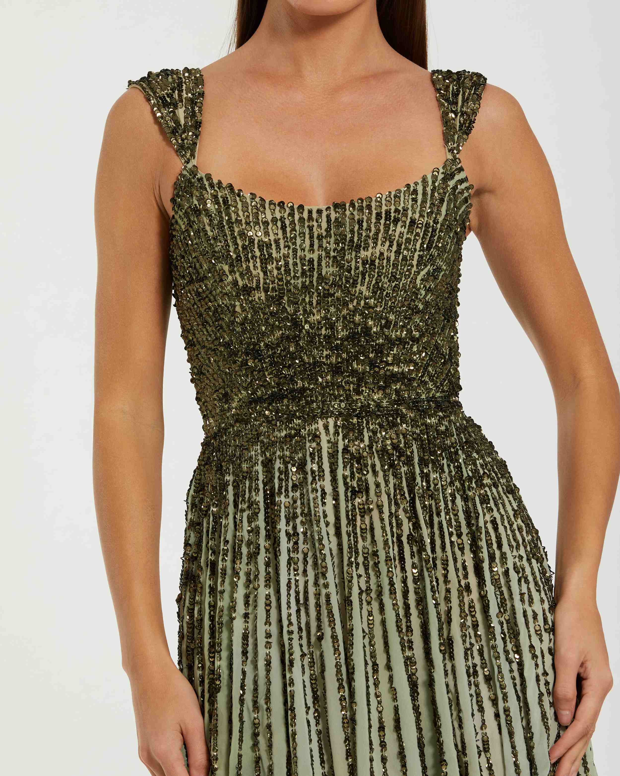 Green Sleeveless Sequin A Line Ombre Gown