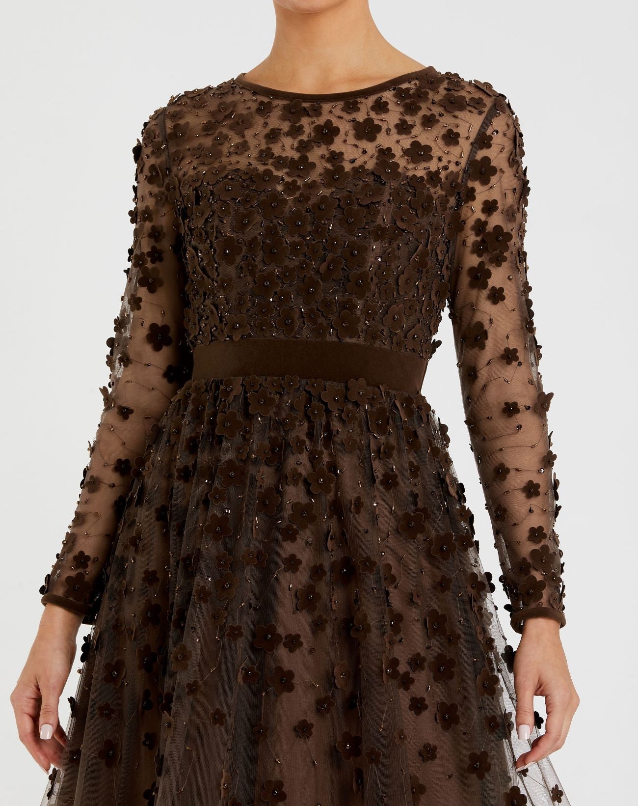 Brown Embellished Illusion High Neck Long Sleeve Fit & Flare Dress