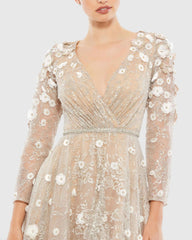 Beige Floral Embellished Lace A-Line Cocktail Dress