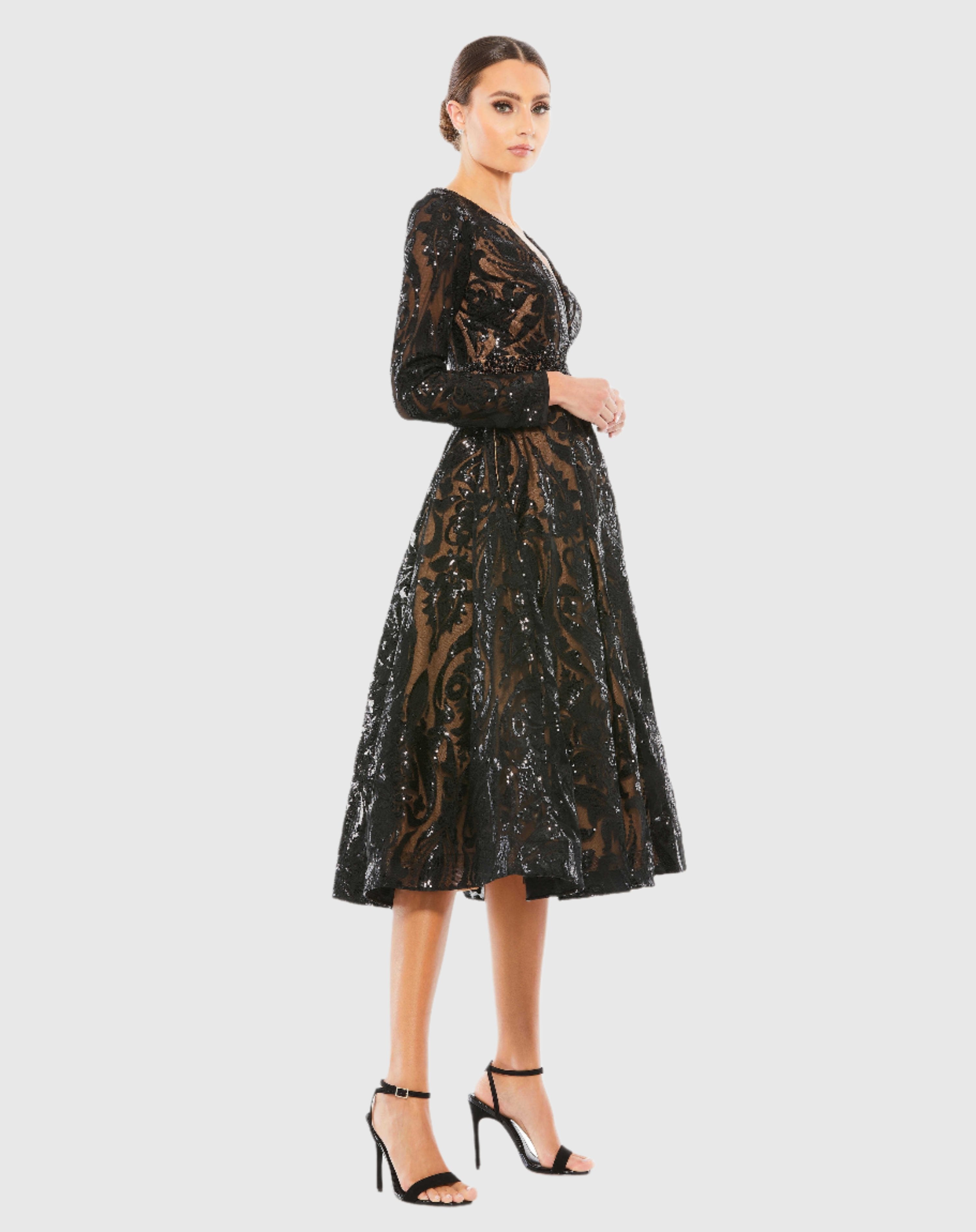 Black Sequin Embellished A-Line Cocktail Dress
