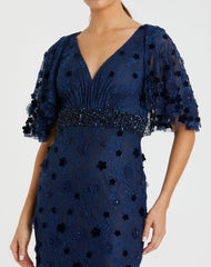 Navy Flutter Sleeve Embellished Lace Gown