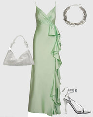 Light Green Satin Ruffled Asymmetrical Gown