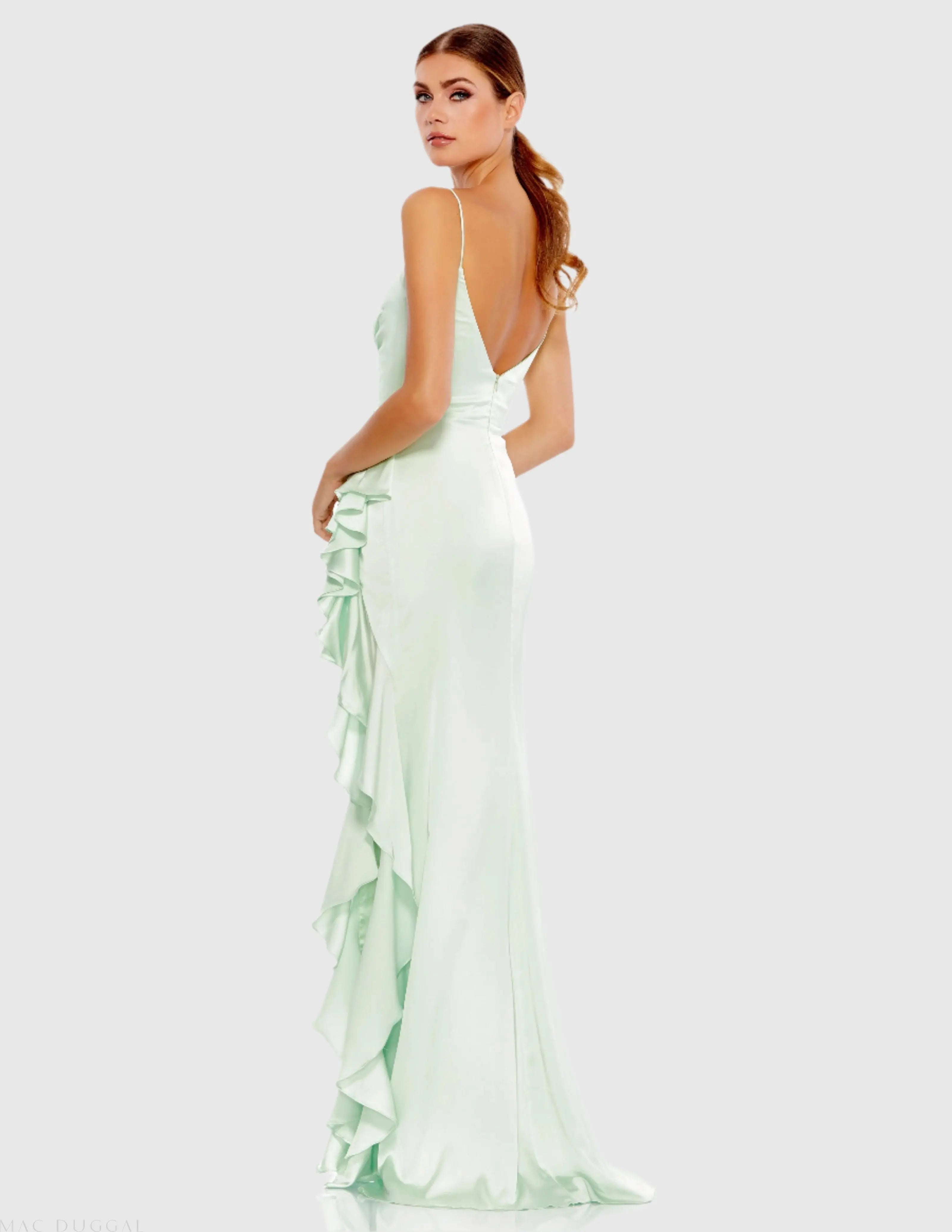 Light Green Satin Ruffled Asymmetrical Gown