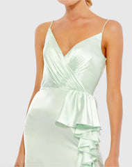 Light Green Satin Ruffled Asymmetrical Gown