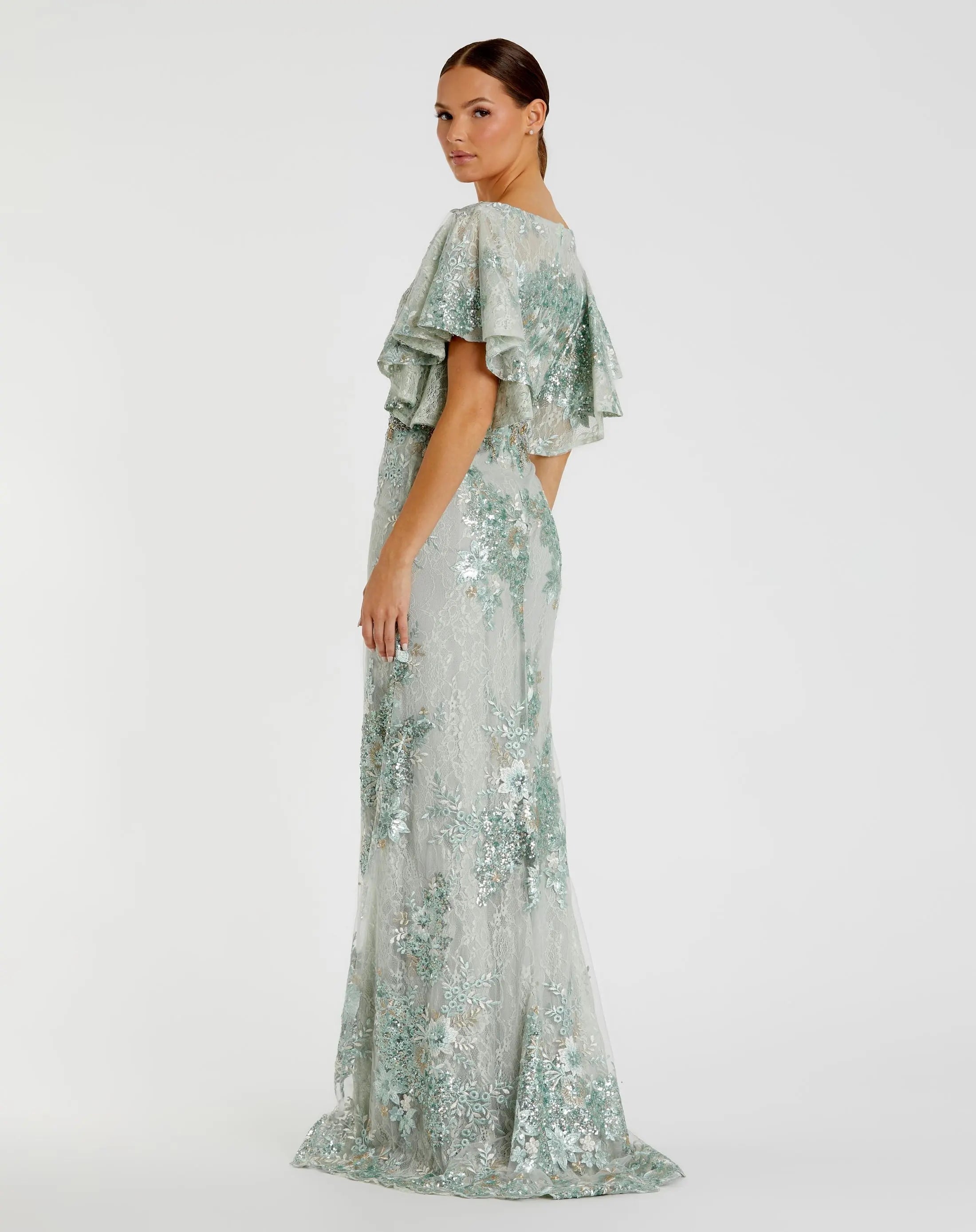 Green Bell Sleeve Floral Embellished Gown