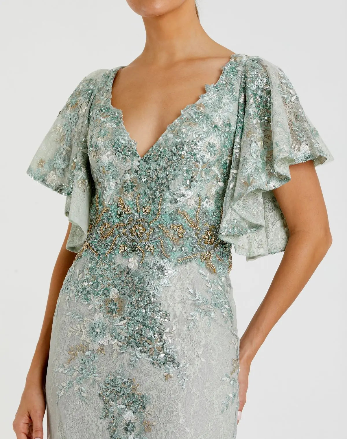Green Bell Sleeve Floral Embellished Gown