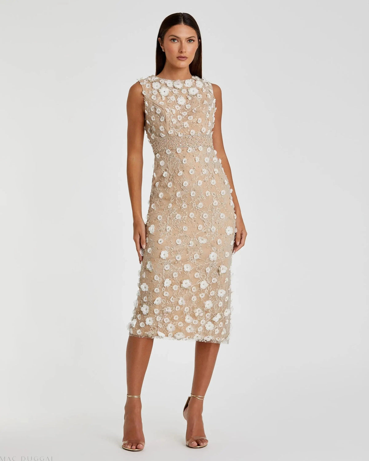 Nude Floral Applique Sleeveless Midi Dress