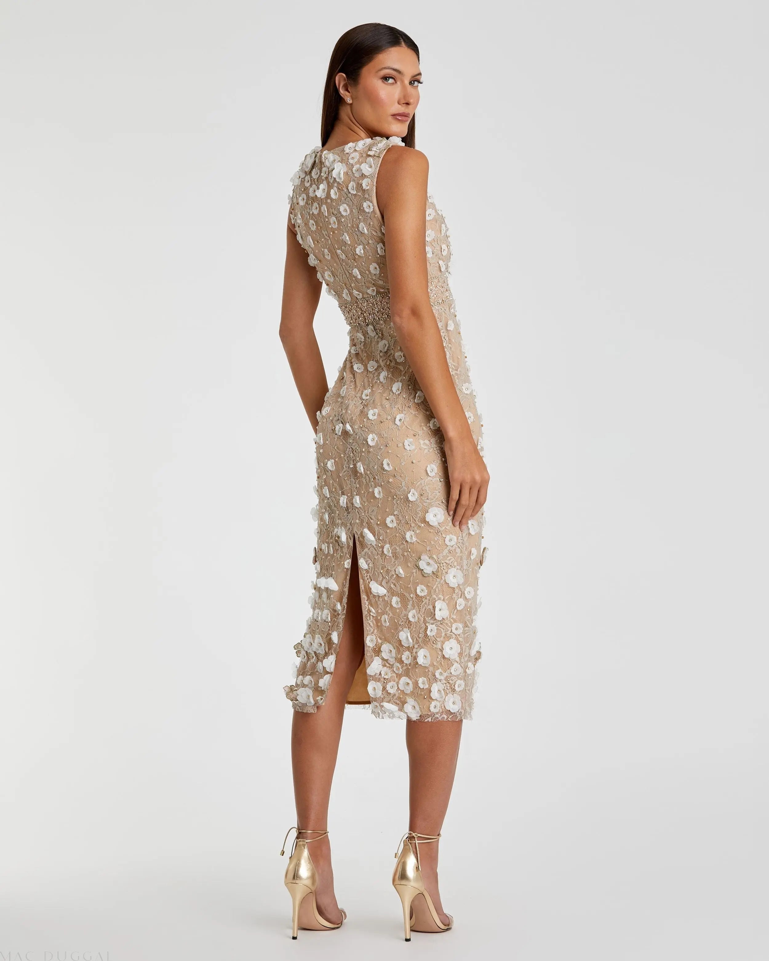 Nude Floral Applique Sleeveless Midi Dress